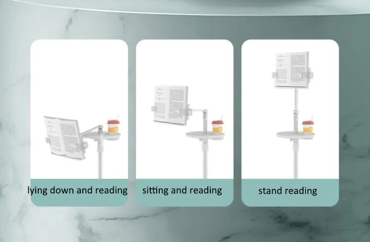 Adjustable aluminum book stand, 180° rotation, 104-148 cm height, flexible clips, 6.6 lbs capacity - TaMiMi Projects Qatar.