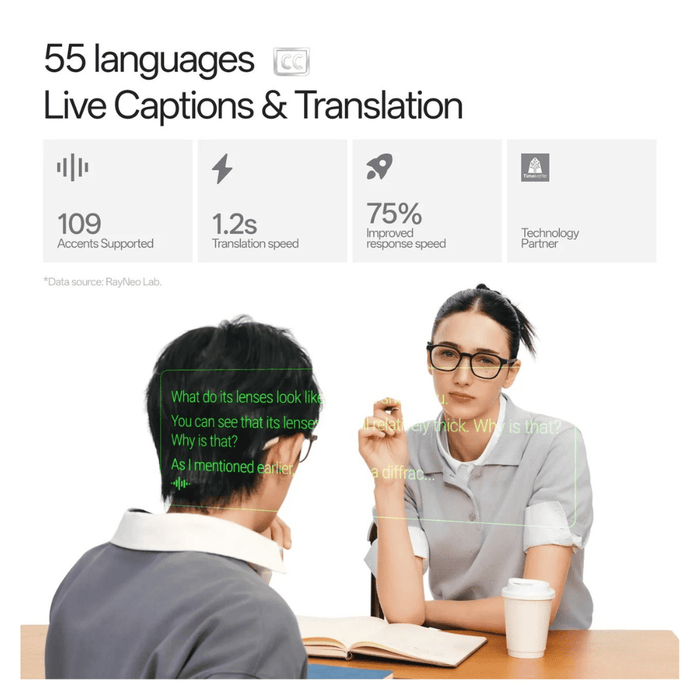 RayNeo iO AI Smart Glasses, High-transparency lenses with over 97% light transmittance for clear, comfortable viewing.