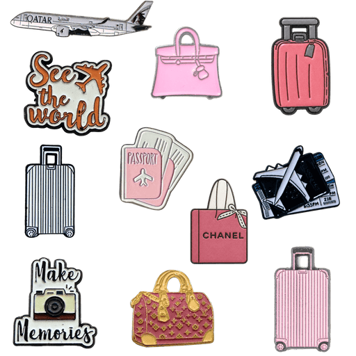 3D Metal Travel stickers featuring airplane, suitcase, shopping bags, passport, camera, and travel-themed designs
