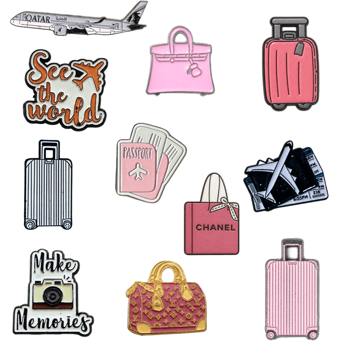 3D Metal Travel stickers featuring airplane, suitcase, shopping bags, passport, camera, and travel-themed designs