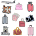 3D Metal Travel stickers featuring airplane, suitcase, shopping bags, passport, camera, and travel-themed designs
