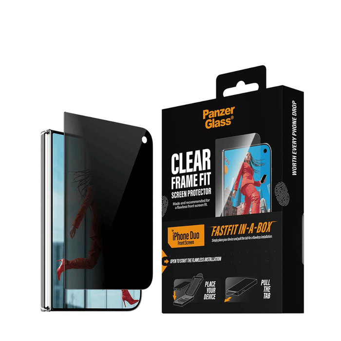 PanzerGlass Outer Screen Protector for iPhone Duo 2-way privacy protection limits screen visibility from the sides.