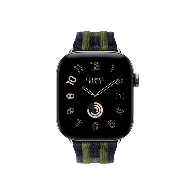 ‫Apple Watch Hermès Series 12 مقاس 42 مم تيتانيوم فضي وسوار Rocabar Club بلون Bleu Nuit / Vert، مع GPS + Cellular 64GB.‬