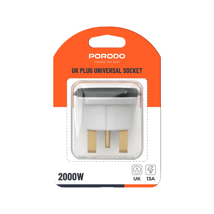 Porodo 2000W universal power adapter with white UK three-pin plug
