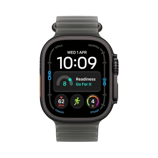 ‫Apple Watch Ultra 4 مقاس 49 مم GPS + Cellular بهيكل تيتانيوم أسود وسوار Ocean Band أسود شفاف، بطارية حتى 50 ساعة وGPS.‬