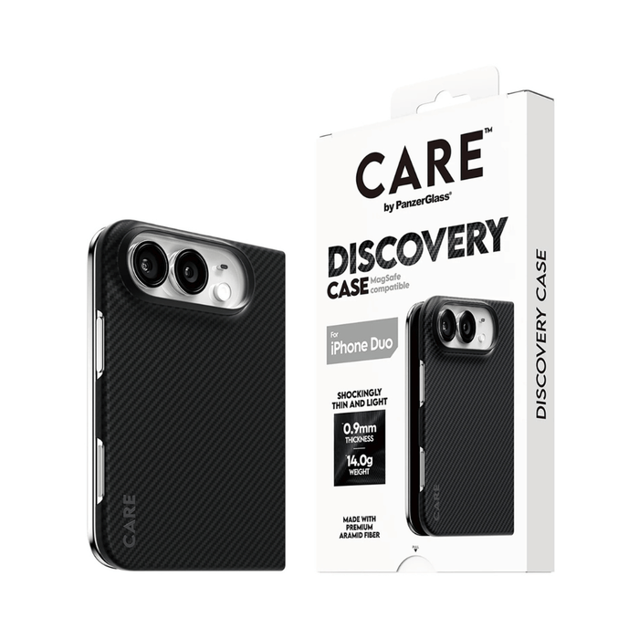 ‫كفر PanzerGlass CARE Discovery لآيفون Duo . مصنوع من ألياف الأراميد، بسُمك 0.9 مم، يدعم MagSafe حماية من الصدمات والخدوش.‬