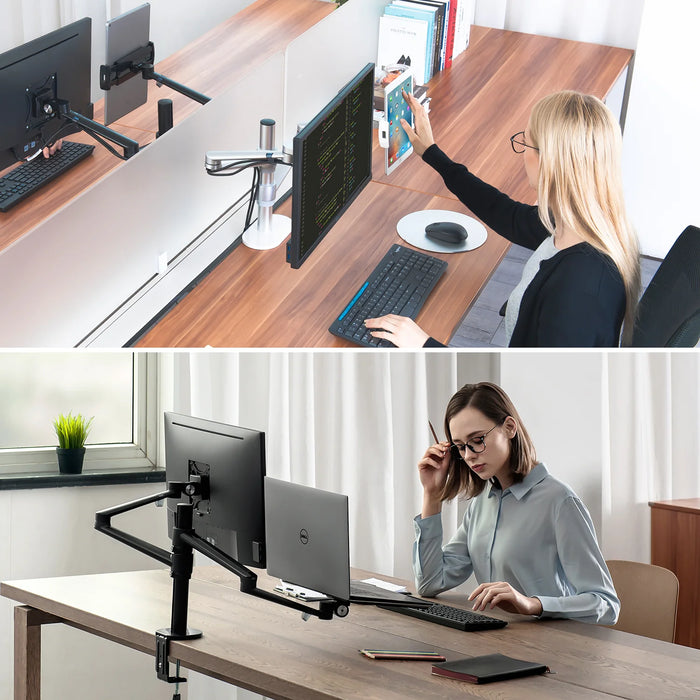 Black dual-arm desk mount with a monitor holder and a laptop holder, made of high-quality aluminum alloy, from TaMiMi Projects.