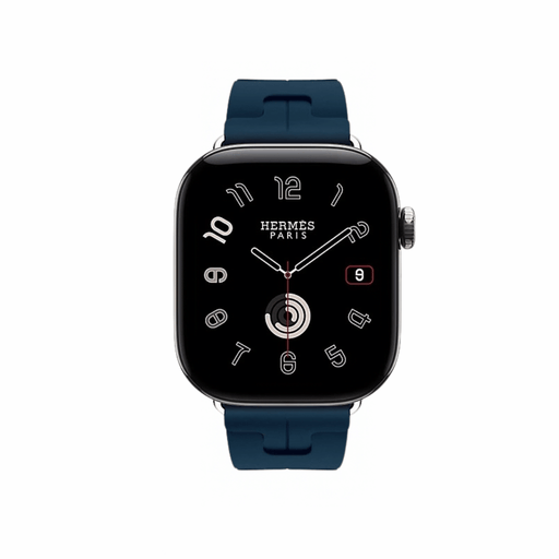 ‫Apple Watch Hermès Series 12 GPS + Cellular مقاس 42 مم بهيكل تيتانيوم فضي وسوار Kilim Bleu De Malte، مع شاشة Sapphire.‬