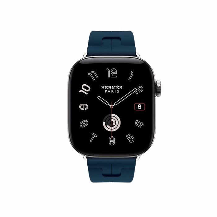 ‫Apple Watch Hermès Series 12 GPS + Cellular مقاس 42 مم بهيكل تيتانيوم فضي وسوار Kilim Bleu De Malte، مع شاشة Sapphire.‬