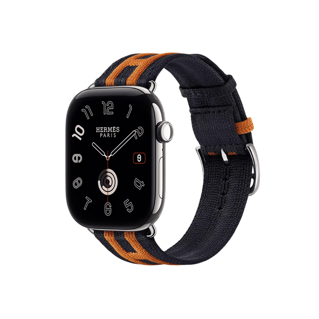 Apple Watch Hermès Series 12 GPS + Cellular 46mm Silver Titanium with Rocabar Club Bleu Nuit/Orange