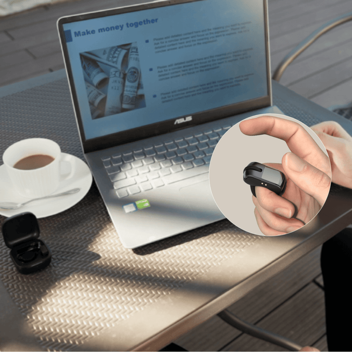 D06 ring mouse charging case showing the slide-out phone stand in different positions