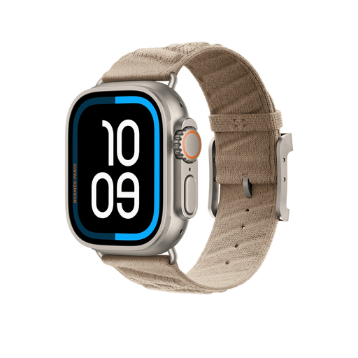 Front view of the Argile 49mm Hermès En Mer band fitted to an Apple Watch Ultra.
