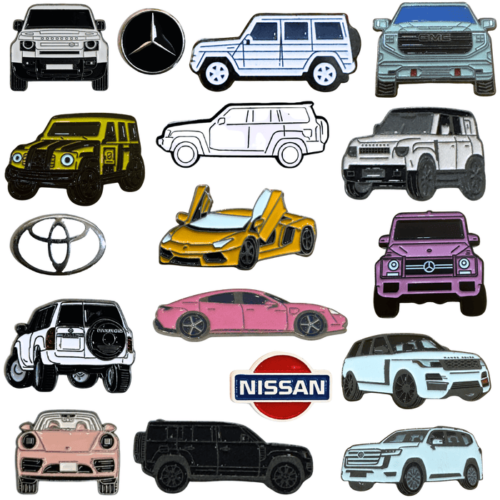 Collection of metal car stickers featuring Nissan, Toyota, Mercedes, Defender, and SUV designs – TaMiMi Projects Qatar.