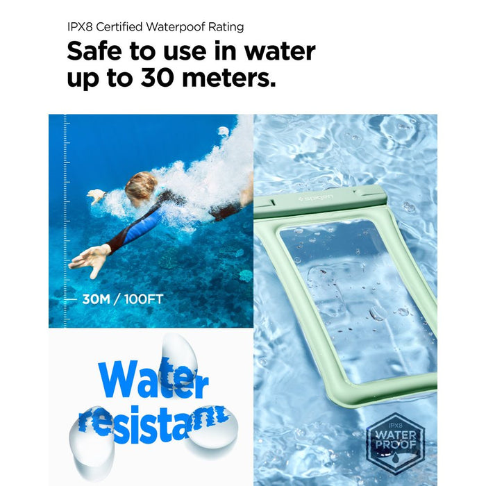 Spigen A610 Universal Waterproof Case - Available at TaMiMi Projects in Qatar. Designed for mobile devices up to 8.2 inches, IPX8 certified.