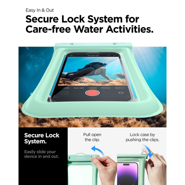 Spigen A610 Universal Waterproof Case - Available at TaMiMi Projects in Qatar. Designed for mobile devices up to 8.2 inches, IPX8 certified.