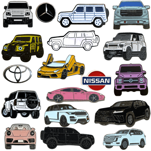 Collection of metal car stickers featuring Nissan, Toyota, Mercedes, Defender, and SUV designs – TaMiMi Projects Qatar.