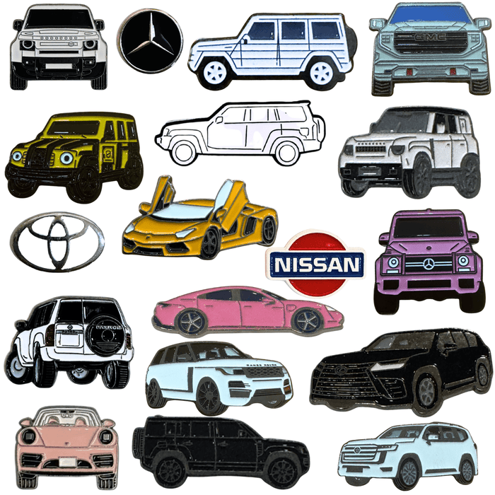 Collection of metal car stickers featuring Nissan, Toyota, Mercedes, Defender, and SUV designs – TaMiMi Projects Qatar.