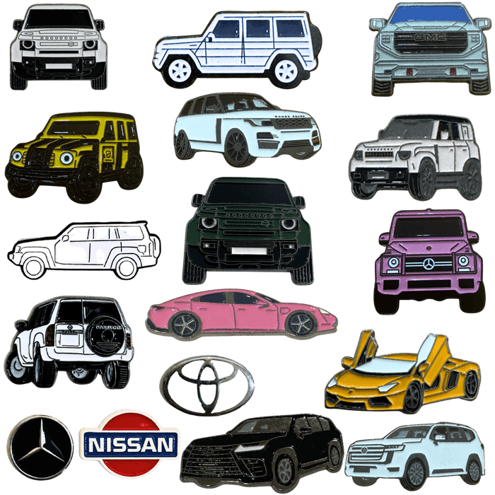Collection of metal car stickers featuring Nissan, Toyota, Mercedes, Defender, and SUV designs – TaMiMi Projects Qatar.