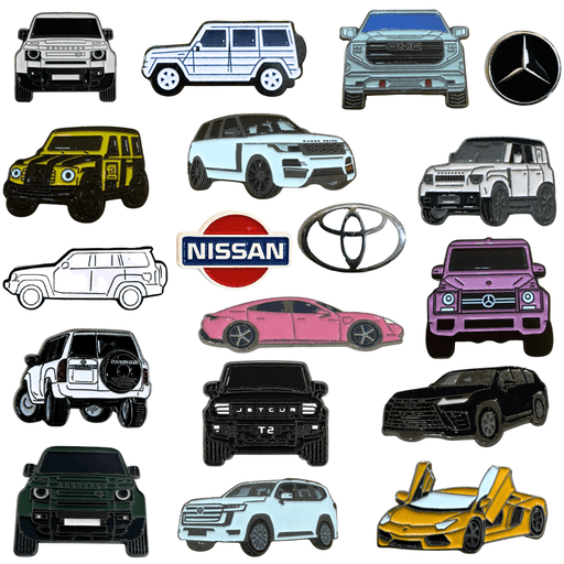 Collection of metal car stickers featuring Nissan, Toyota, Mercedes, Defender, and SUV designs – TaMiMi Projects Qatar.