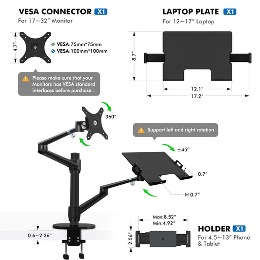 Black dual-arm desk mount with a monitor holder and a laptop holder, made of high-quality aluminum alloy, from TaMiMi Projects.