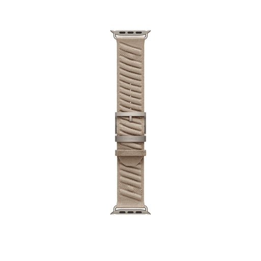 Argile 49mm Hermès En Mer Apple Watch band laid flat, showing the patterned fabric, titanium buckle and adjustment holes.