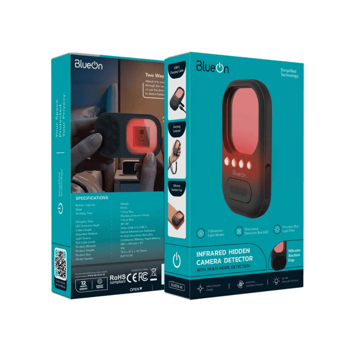 BlueOn hidden camera detector scanning a hotel room with red LED light