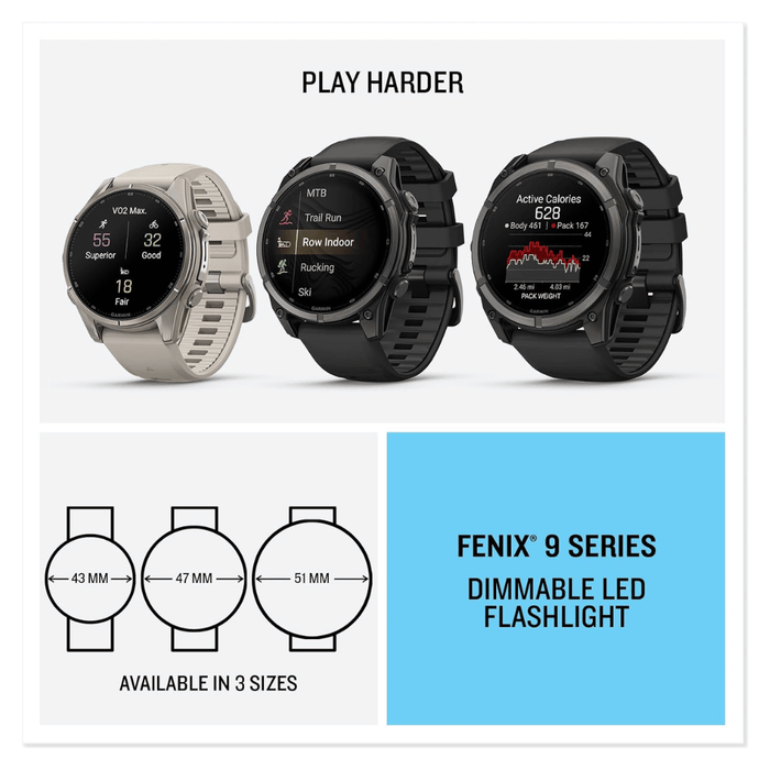 ‫ساعة Garmin fēnix 9 مقاس 47 مم باللون الرمادي الكربوني. شاشة AMOLED، هيكل تيتانيوم، GPS وبطارية حتى 16 يومًا. تميمي بروجكتس.‬