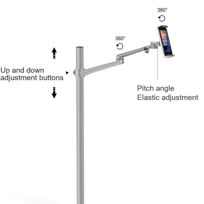 Adjustable 360° tablet floor stand, silver, compatible with iPad and iPhone. Durable design for home or office use – TaMiMi Projects, Qatar.