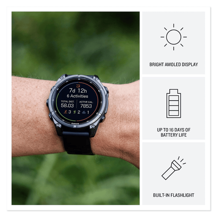 Garmin fēnix 9 Smartwatch Carbon Gray/Black Silicone Band 47mm, Up to 16 days of battery life in smartwatch mode.