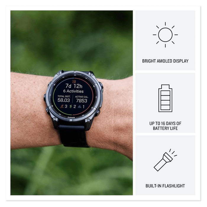 Garmin fēnix 9 Smartwatch Titanium with Pebble Grey Silicone Band - 47mm, Supports over 100 sports and activities.