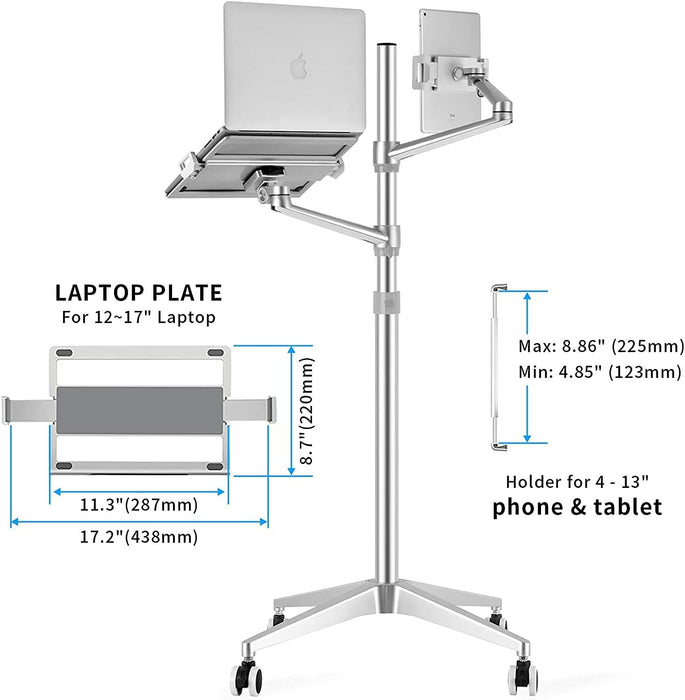 Adjustable Floor Stand with Dual Arms for iPad and Laptop - Silver