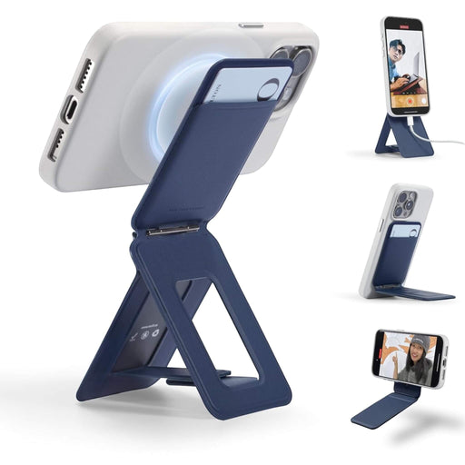 MOFT Phone Tripod Wallet in Navy Blue: MagSafe, NFC, selfie stick, adjustable angle. Pocket-size must-have from TaMiMi Projects, Qatar.