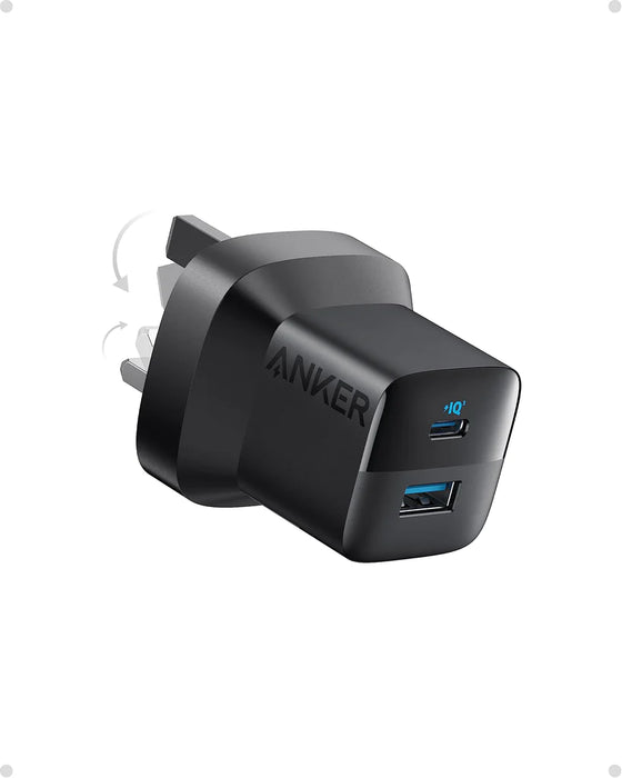 Anker 33W Dual-Port Charger with USB-C and USB-A ports and a charging cable, featuring a compact foldable design and ActiveShield™️ Safety System, available at TaMiMi Projects in Qatar.