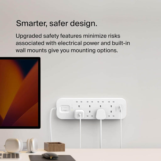 Belkin 8-Outlet Surge Protector Power Strip with 8 AC outlets, USB-C PD and USB-A fast charging, 2M cord, and 900 joules protection in Qatar, available at TaMiMi Projects