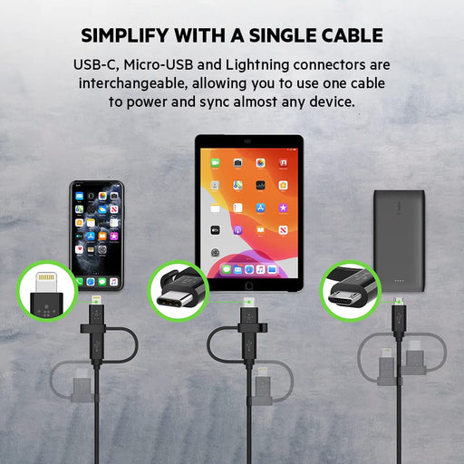 Belkin 3-in-1 charging and sync cable, supports Micro-USB, USB-C, and Lightning, perfect for iPhone, Galaxy, TaMiMi Projects Qatar.