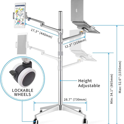 Multi-use floor stand with adjustable arms for laptops, tablets, phones, 360° rotation, mobile wheels - TaMiMi Projects in Qatar.
