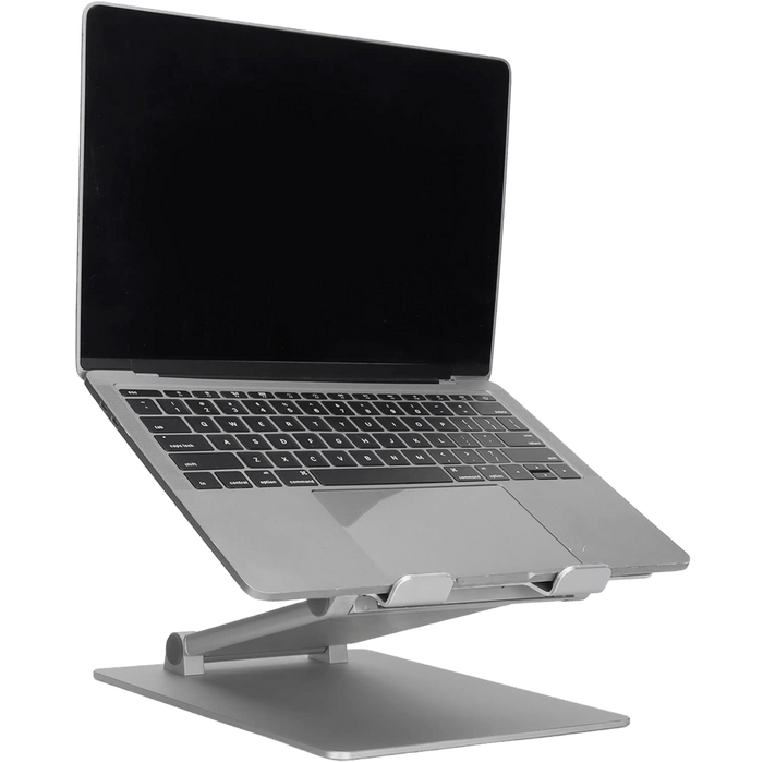 Adjustable silver laptop stand with a sleek design, featuring a foldable mechanism and ventilation slots on the base.