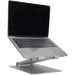 Adjustable silver laptop stand with a sleek design, featuring a foldable mechanism and ventilation slots on the base.