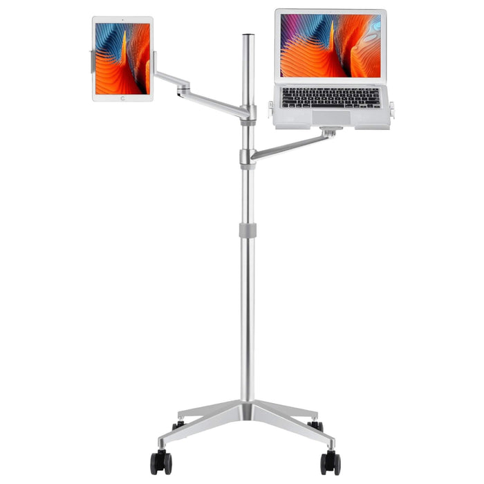 Multi-use floor stand with adjustable arms for laptops, tablets, phones, 360° rotation, mobile wheels - TaMiMi Projects in Qatar.