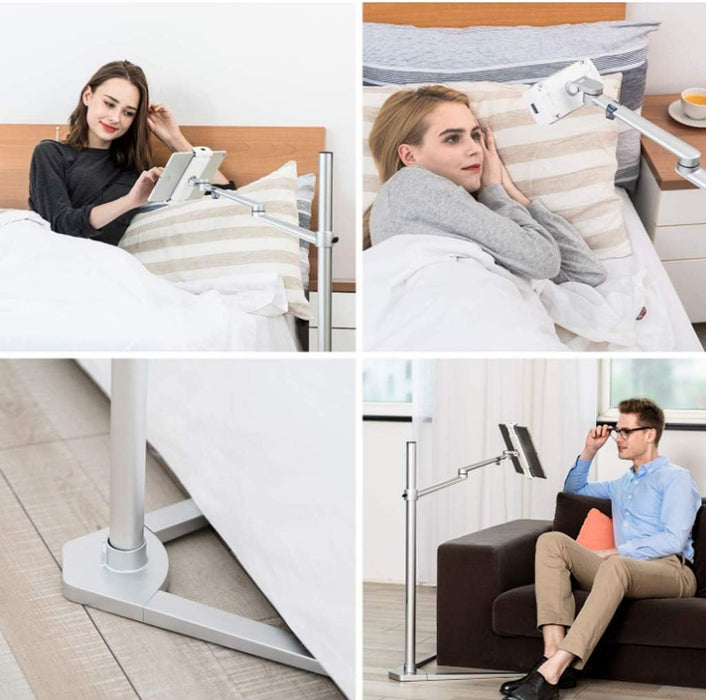 Adjustable 360° tablet floor stand, silver, compatible with iPad and iPhone. Durable design for home or office use – TaMiMi Projects, Qatar.