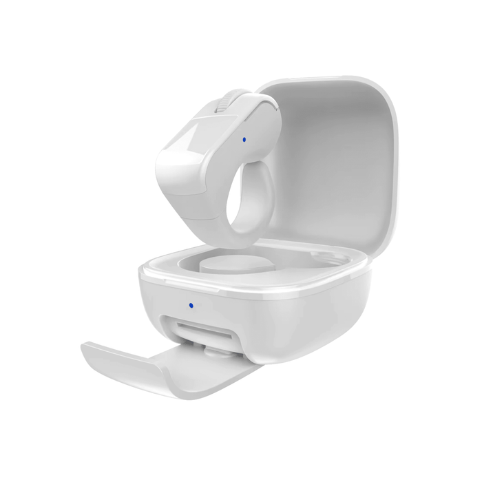 White D06 Bluetooth ring mouse with matching charging case and slide-out phone stand