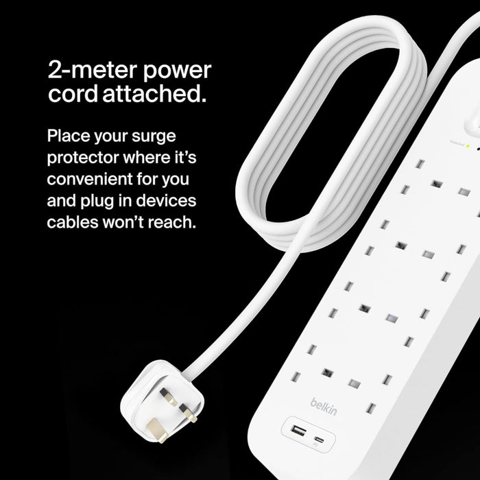Belkin 8-Outlet Surge Protector Power Strip with 8 AC outlets, USB-C PD and USB-A fast charging, 2M cord, and 900 joules protection in Qatar, available at TaMiMi Projects