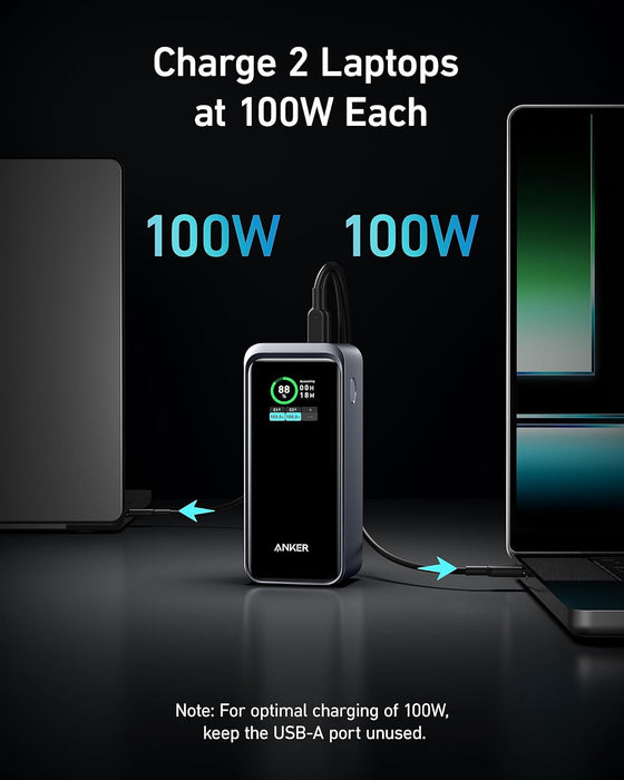 Anker Prime 20,000mAh battery with 200W ultra-fast charging, smart digital screen, dual USB-C ports, and USB-A port for all devices. Recharge in 1 hour 15 minutes. Safe charging system