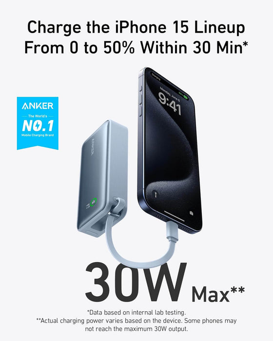 Anker Nano Power Bank 10000mAh Built-in USB-C Cable - 30W Max - Blue