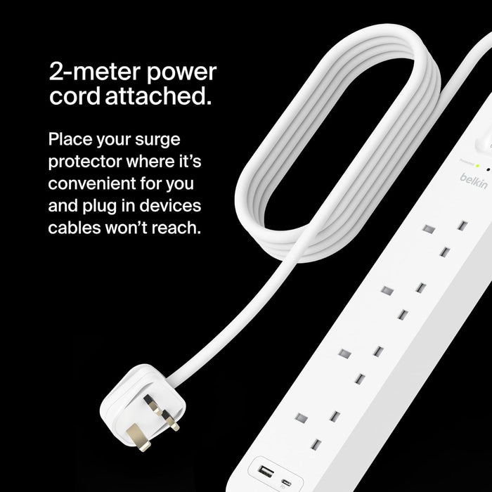 Belkin 4 Ports Power Extension Strip Surge Protector with USB-C and USB-A - 2m