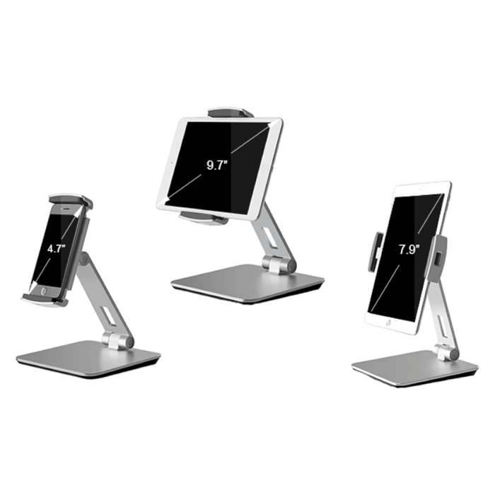 Smartphone & Tablet Stand, Aluminum Desk Mount Holder, Fit phones & tablet 3 - 13" , adjustable. Black & silver. TaMiMi Projects