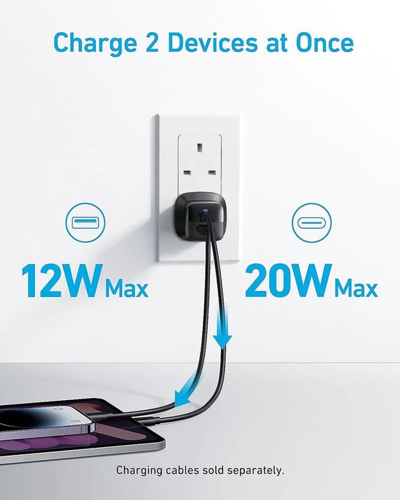 Anker 33W Dual-Port Charger with USB-C and USB-A ports and a charging cable, featuring a compact foldable design and ActiveShield™️ Safety System, available at TaMiMi Projects in Qatar.