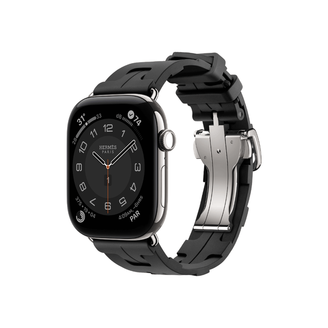 Apple Watch Hermès Series 11, 46mm Silver Titanium with Noir Kilim Single Tour, Available now from TaMiMi Projects in Qatar.