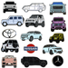 Collection of metal car stickers featuring Nissan, Toyota, Mercedes, Defender, and SUV designs – TaMiMi Projects Qatar.