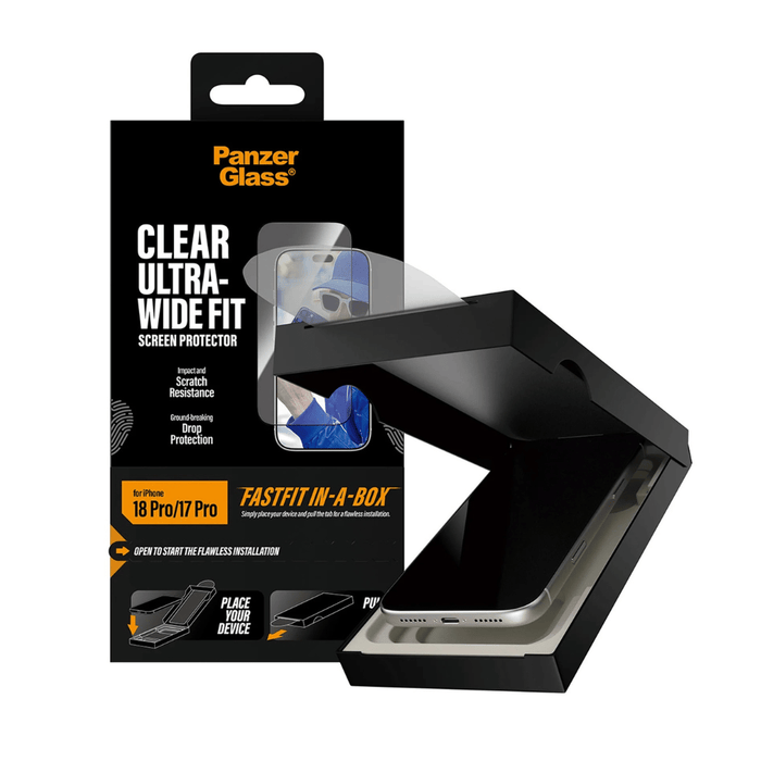PanzerGlass Screen Protector for iPhone 18 Pro / 17 Pro, Strong glass resistant to scratches, impacts, and drops.
